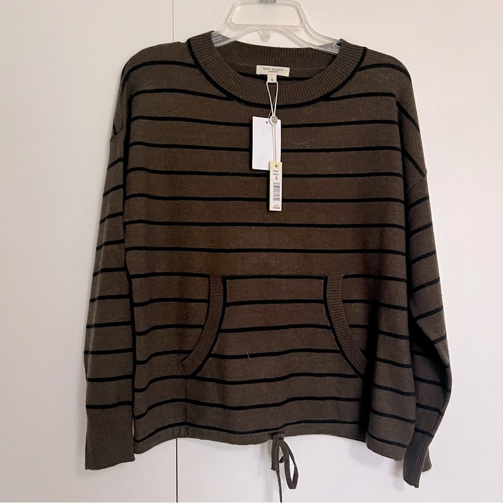 NWT Max Studio Drawstring Hem Pullover Sweater Olive Green Black Striped Small